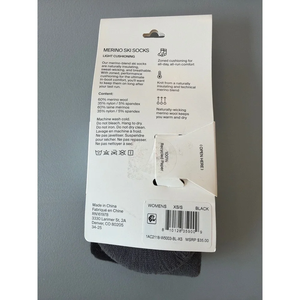 Halfdays Light Cushion Merino Ski Socks Womens XS/S 6-8 Black Grey NWT